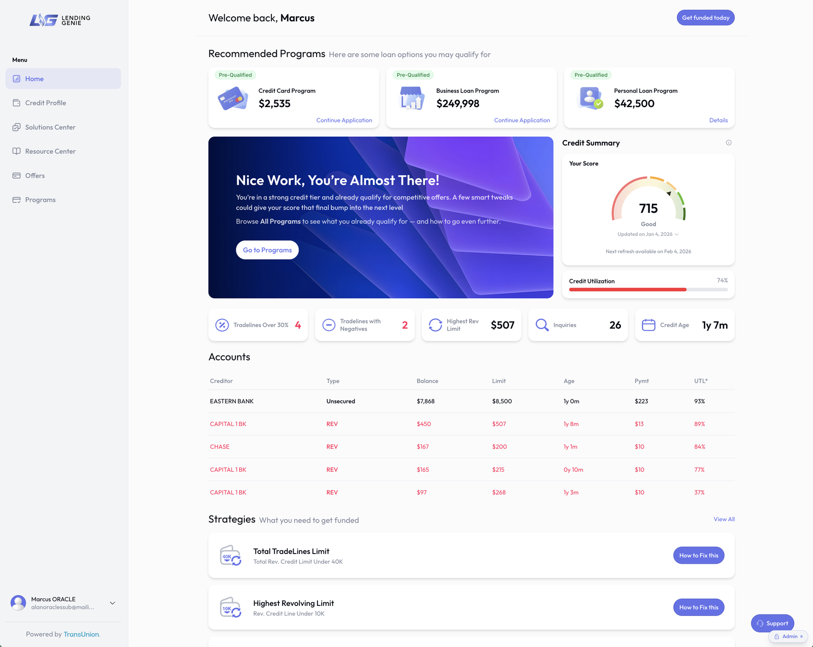 LendingGenie dashboard showing the business capital planning experience