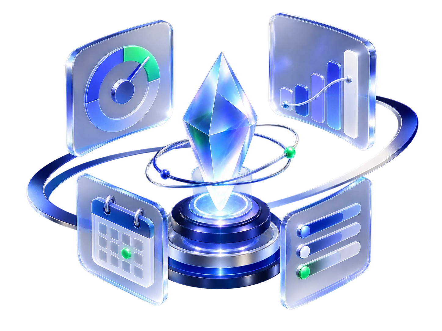 3D illustration of loan terms arranged around a central comparison prism